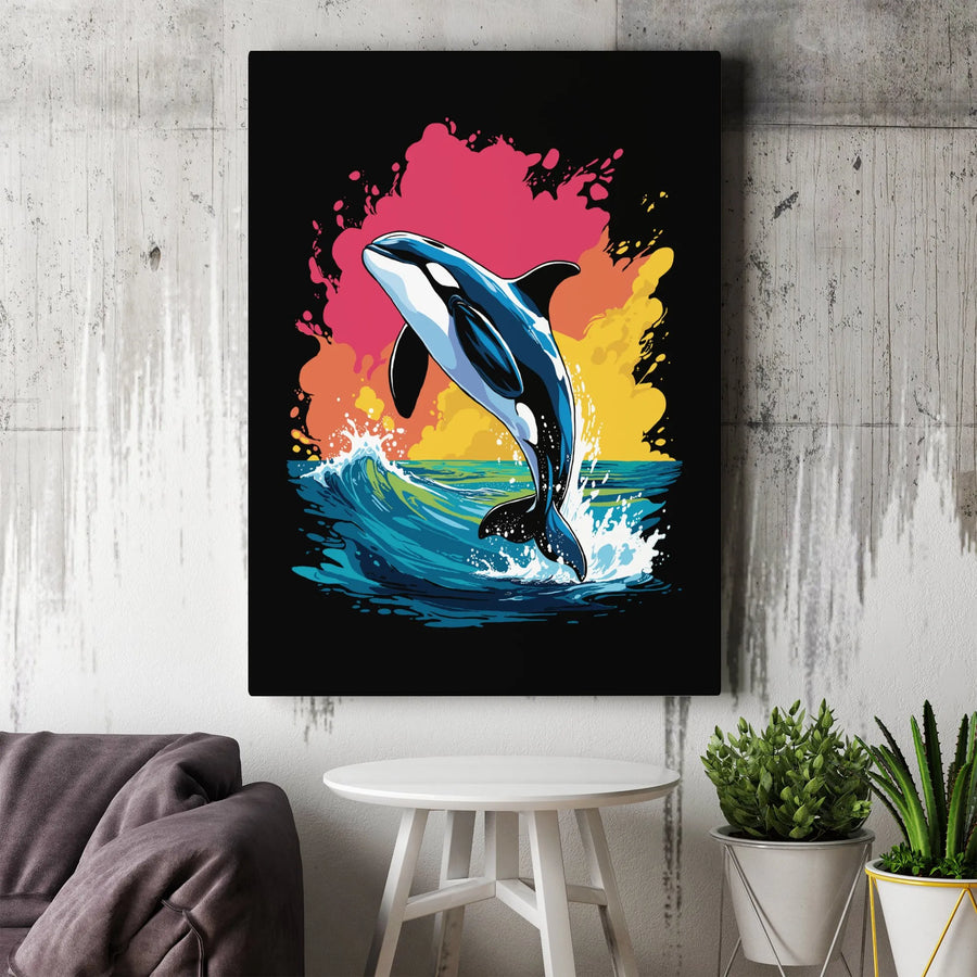 Jumping Orca Canvas Wall Art | Colorful Killer Whale Splash Design | Premium Fade-Resistant Print | Modern Home & Office Decor Gift