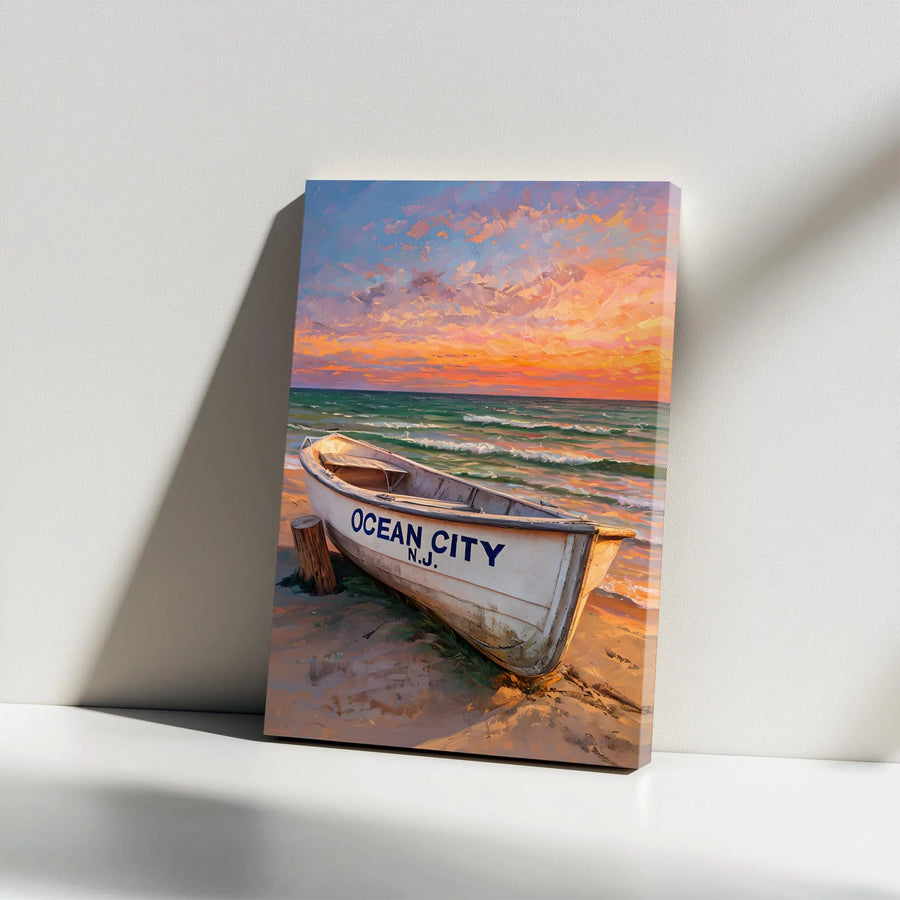 Ocean City NJ Vertical Canvas | Impressionist Sunset Beach Painting | Premium Gallery Wrapped Wall Art | Coastal Home Decor Gift