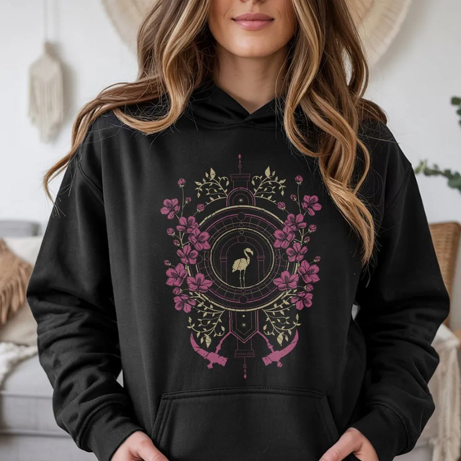 Flamingo Crest Hoodie | Vintage Floral Emblem with Swords | Soft Cotton Blend Pullover | Unique Gift for Her, Cottagecore Aesthetic