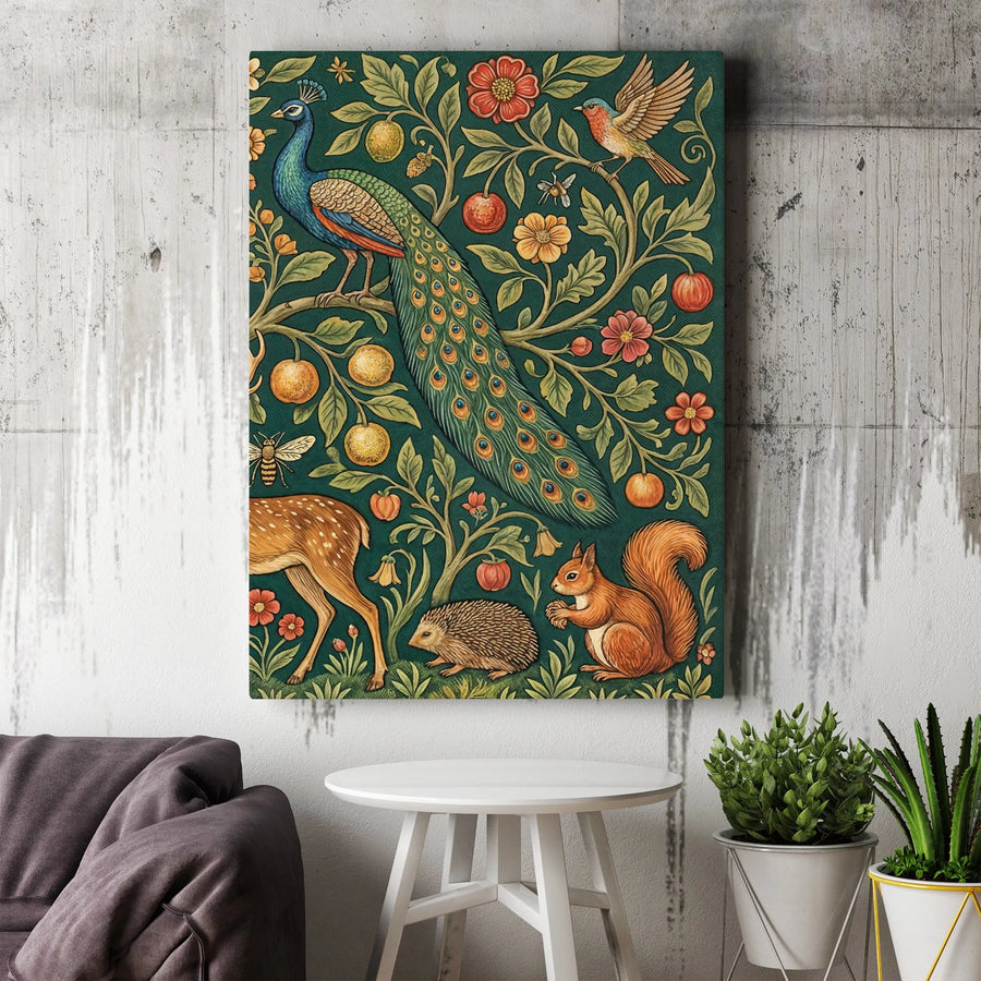 Forest Animal Canvas Print | Vintage Peacock and Woodland Creature Art | Premium Gallery Wrap Wall Decor | Nature Inspired Home Gift