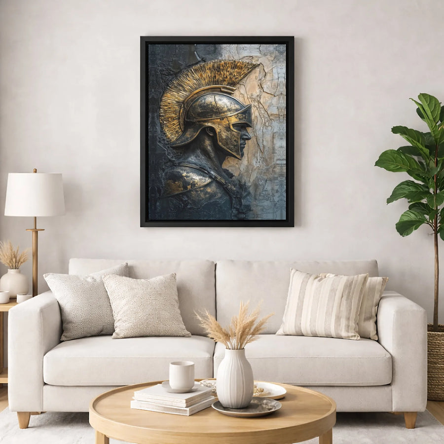 Spartan Warrior Canvas Wall Art | Gold Corinthian Helmet Relief Texture | Premium Fade-Resistant Print | Masculine Home & Office Decor Gift