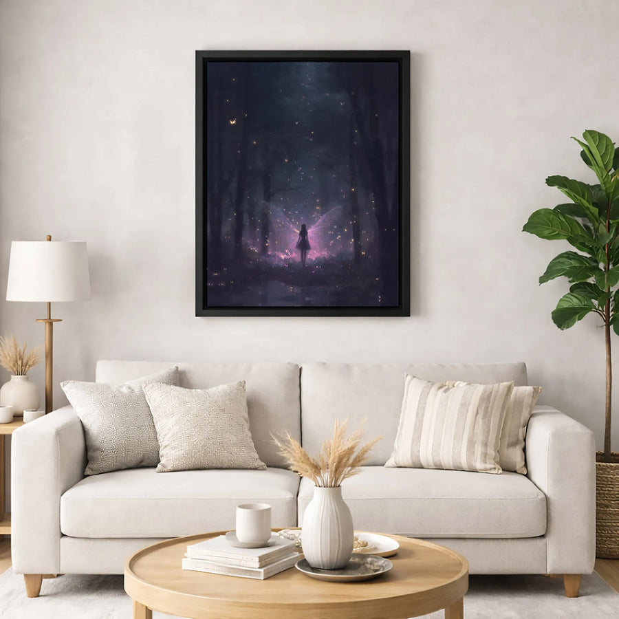 Fairy Wall Art | Glowing Purple Butterfly Wings Magical Forest | Premium Gallery Wrapped Canvas | Enchanted Home Decor Gift