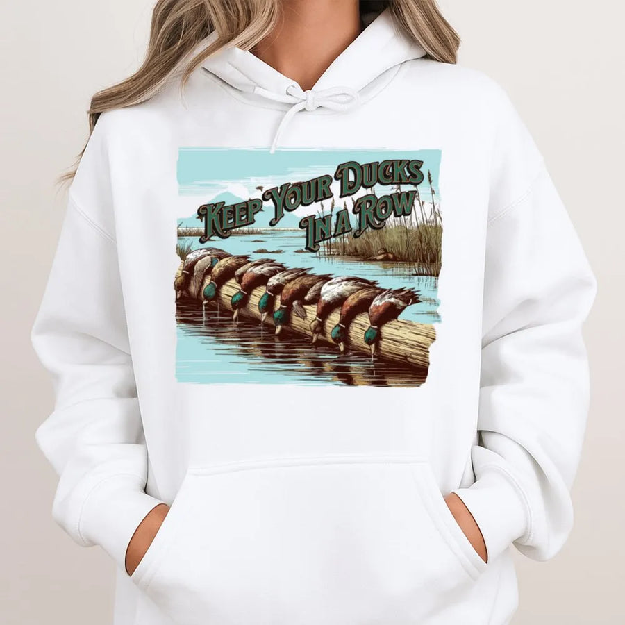 Duck Hunting Hoodie | Keep Your Ducks In A Row Wildlife Graphic | Premium Cotton Blend | Nature Lover Gift for Outdoorsmen