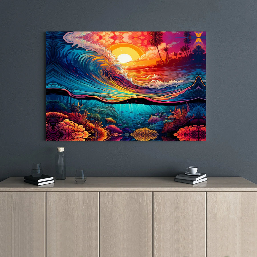 Ocean Sunset Wall Art Canvas | Vibrant Coral Reef Split View | 1.25 Inch Gallery Wrap | Coastal Home Decor Gift for Beach Lovers