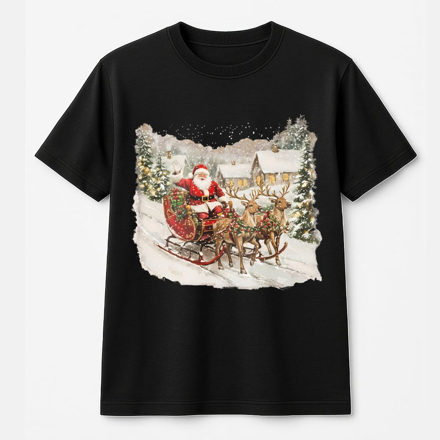 Vintage Santa Sleigh T-Shirt | Retro Reindeer Christmas Graphic Tee | 100% Cotton Premium Holiday Shirt | Gift for Christmas Lovers Men Women