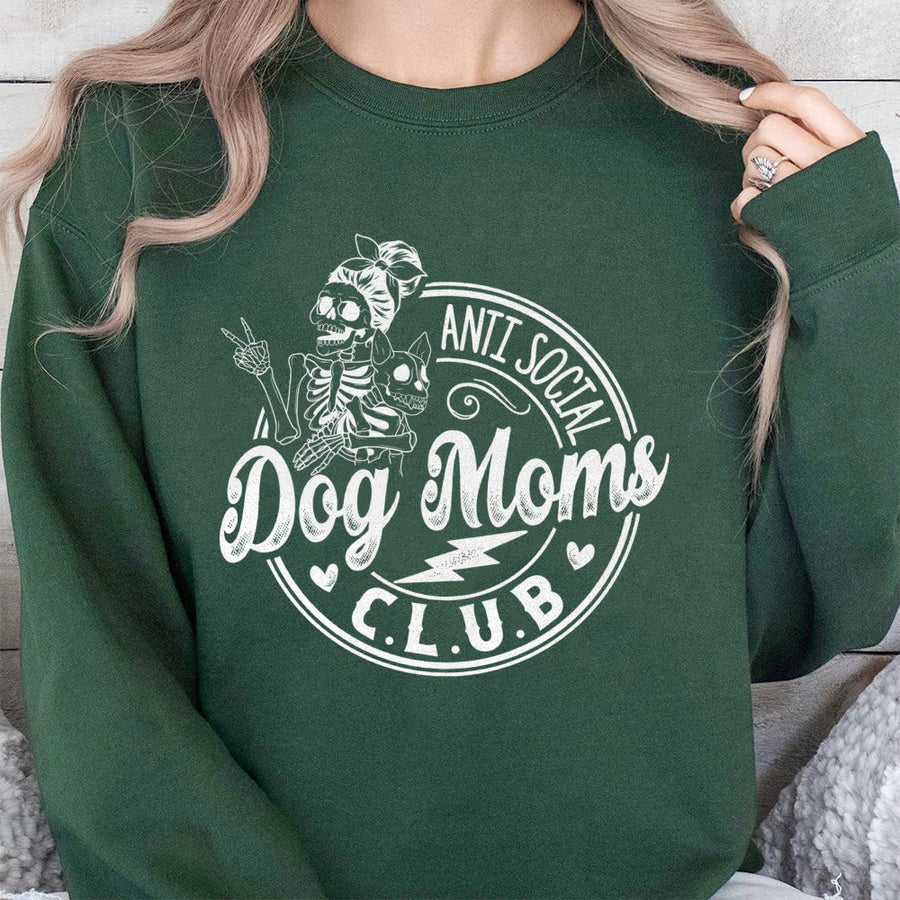 Anti Social Dog Moms Club Sweatshirt | Skeleton Dog Lover Graphic | Premium Cotton Blend Crewneck | Funny Gift For Pet Owners