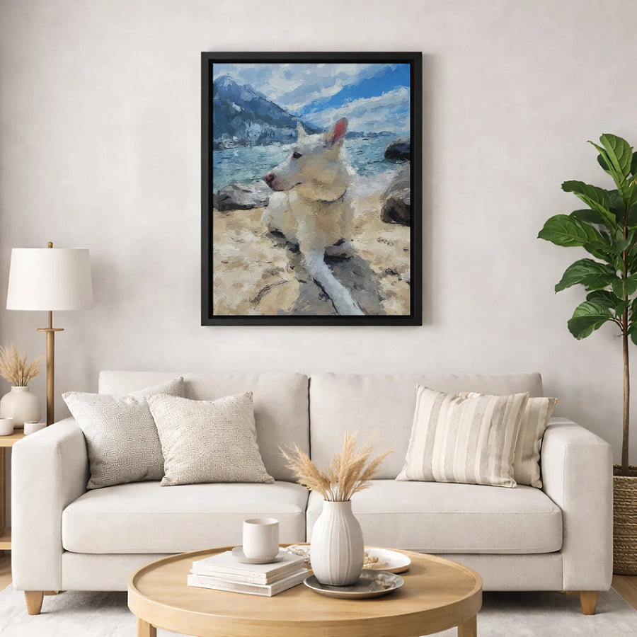White Dog Beach Painting Canvas | Impressionist Coastal Mountain Wall Art | Premium Gallery-Wrapped Print | Dog Lover Home Decor Gift