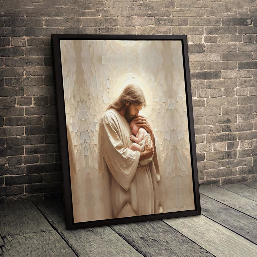 Jesus Holding Baby Canvas Wall Art | Tender Religious Portrait | Premium 1.25-Inch Gallery Wrap | Spiritual Home Decor Gift for Nursery or Church