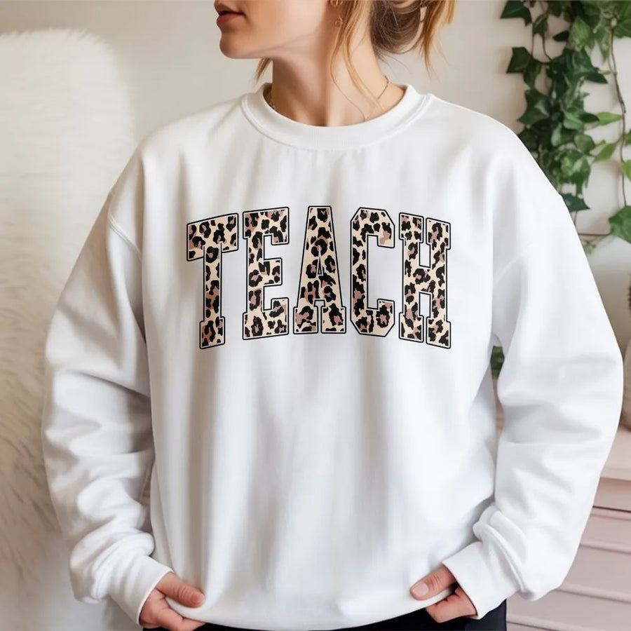Teach Leopard Print Sweatshirt | Retro Arch Text Design | Cotton-Poly Blend | Teacher Appreciation Gift for Educators