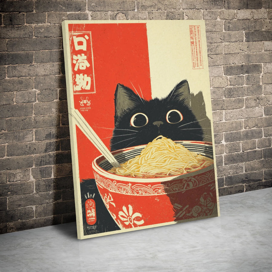 Black Cat Ramen Canvas Print | Vintage Japanese Art Style | 1.25 Inch Gallery Wrap Wall Decor | Cute Kitchen Aesthetic Gift for Cat Lovers