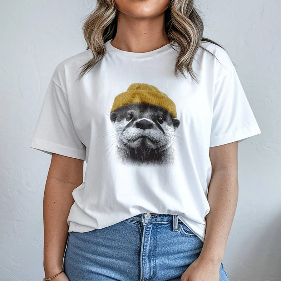 River Otter T-Shirt | Cute Animal Wearing Mustard Yellow Beanie | 100% Cotton Premium Quality Tee | Funny Nature Wildlife Gift For Men Women