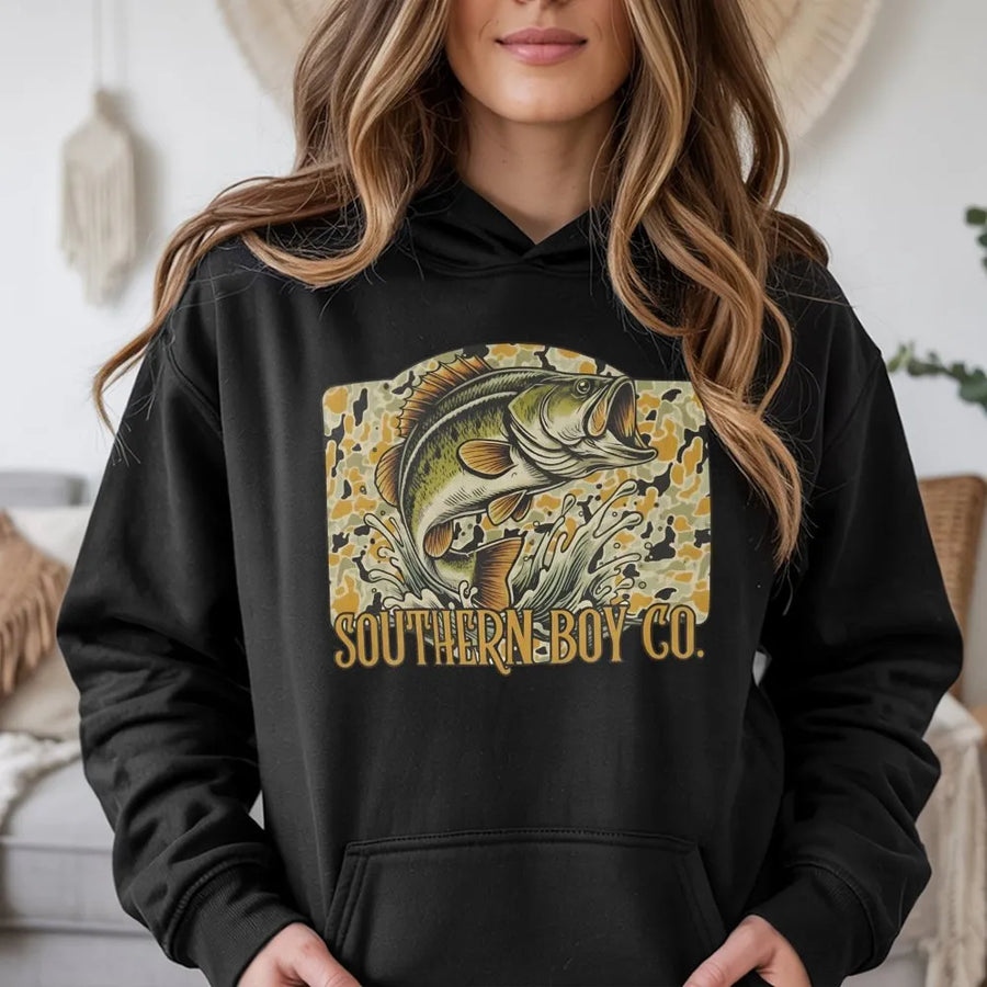 Bass Fishing Hoodie | Vintage Camo Graphic Print | Premium Cotton Blend | Gift for Anglers and Outdoorsmen