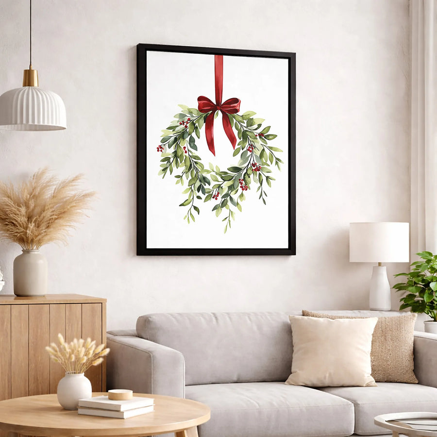 Watercolor Christmas Wreath Canvas Art | Festive Red Bow And Holly Berries | Gallery-Quality 1.25-Inch Profile | Holiday Wall Decor Gift