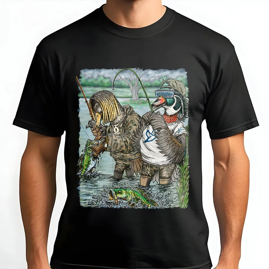 Fishing Duck T-Shirt | Funny Bass Fisherman Cartoon Graphic | Premium Soft Cotton Tee | Unique Gift for Anglers and Duck Hunters