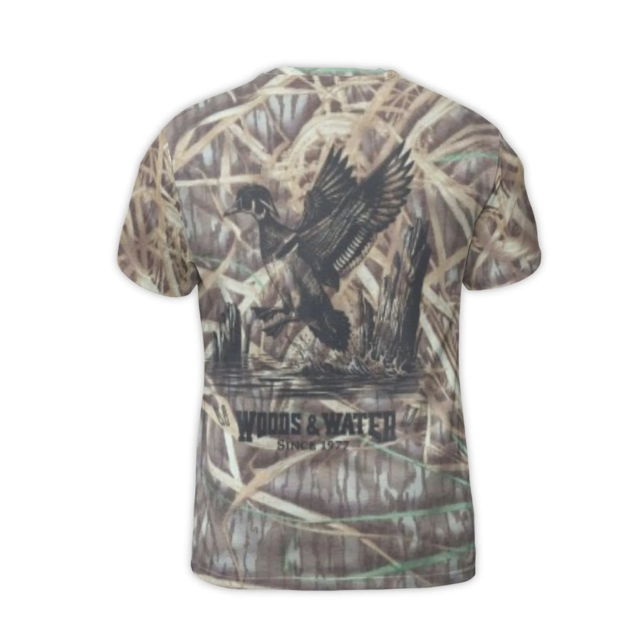 Duck Hunting T-Shirt | Marsh Camo All-Over Print | Premium Polyester Blend | Gift for Outdoorsmen and Waterfowl Hunters