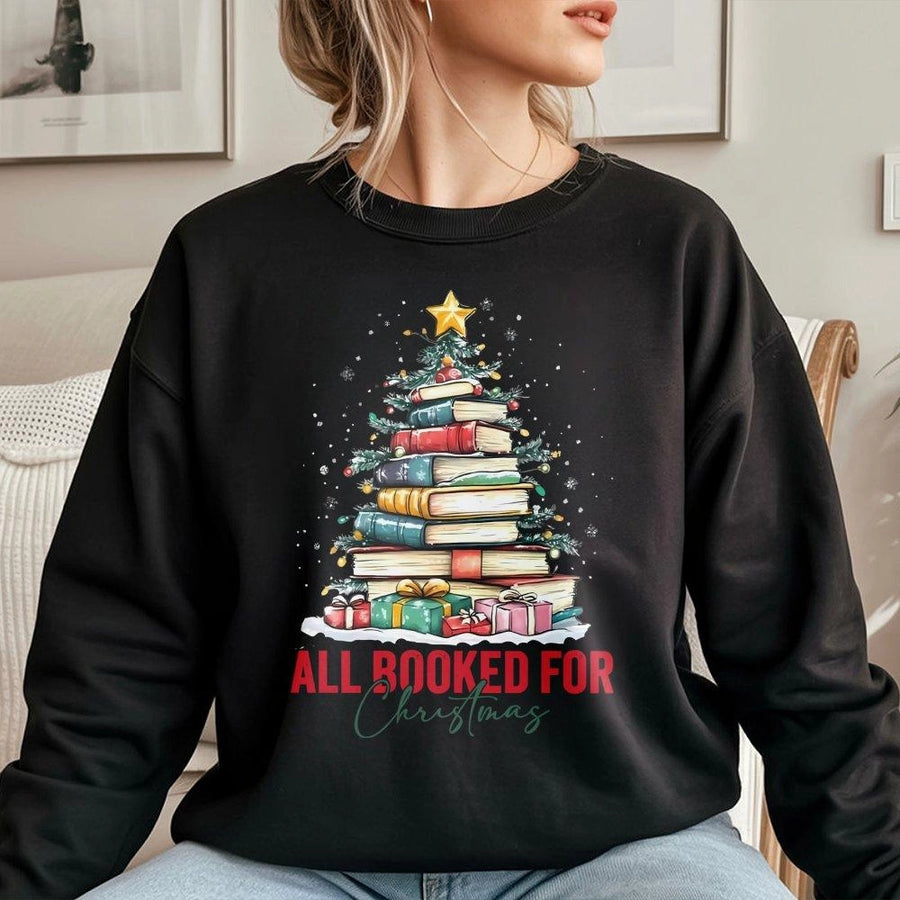 All Booked For Christmas Sweatshirt | Book Tree Graphic Print | Premium Cotton Blend | Gift For Readers & Book Lovers