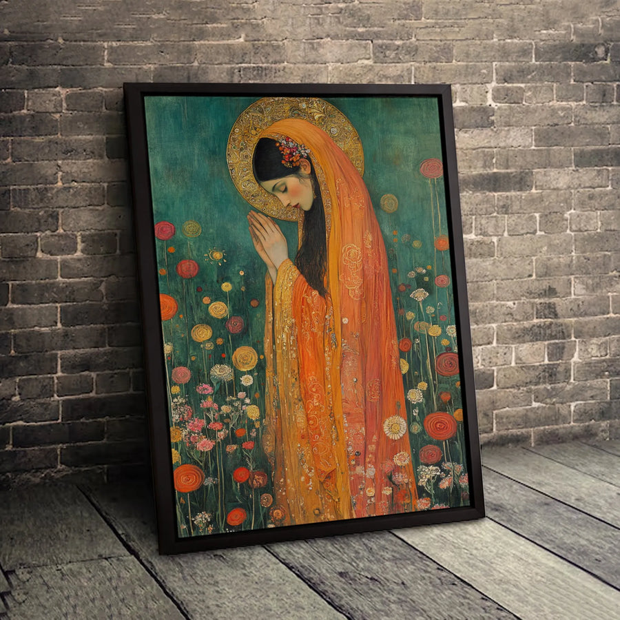 Virgin Mary Canvas Wall Art | Art Nouveau Floral Prayer Painting | Premium Gallery Wrap Print | Religious Home Decor Gift