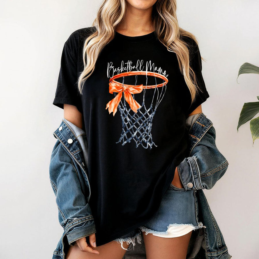 Basketball Mama T-Shirt | Watercolor Hoop With Bow Graphic | 100% Cotton Premium Tee | Sports Mom Gift for Game Day