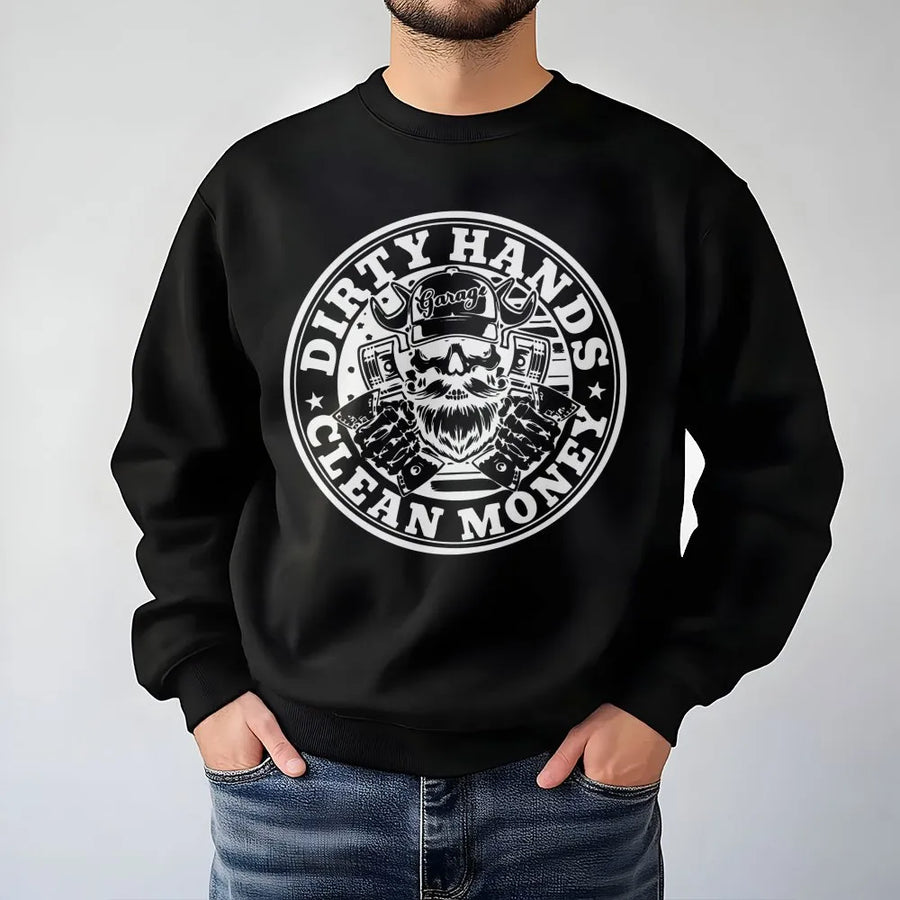 Dirty Hands Clean Money Sweatshirt | Garage Mechanic Skull Design | Premium Cotton Blend | Gift for Blue Collar Worker and Dad