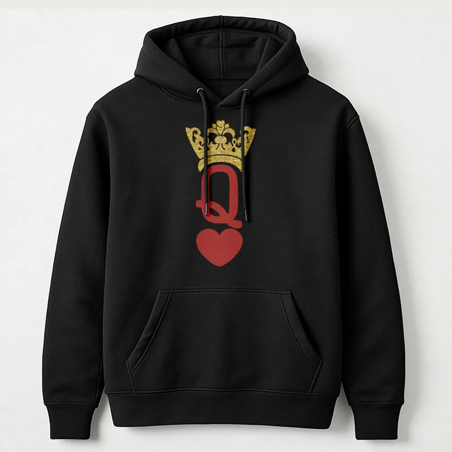 Queen of Hearts Hoodie | Playing Card Graphic with Gold Glitter Print | Soft Cotton Blend | Valentine's Day Gift for Her