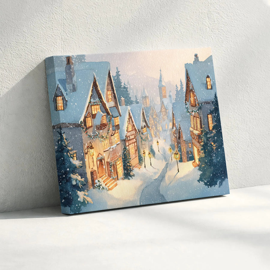 Christmas Village Canvas Wall Art | Cozy Winter Town Watercolor Painting | Premium Holiday Home Decor | Seasonal Decoration Gift