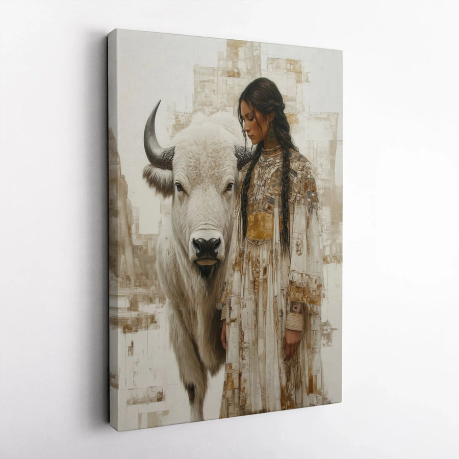 Native American Woman and White Buffalo Canvas | Spiritual Wildlife Wall Art | Premium Gallery Wrap | Western Home Decor for Living Room
