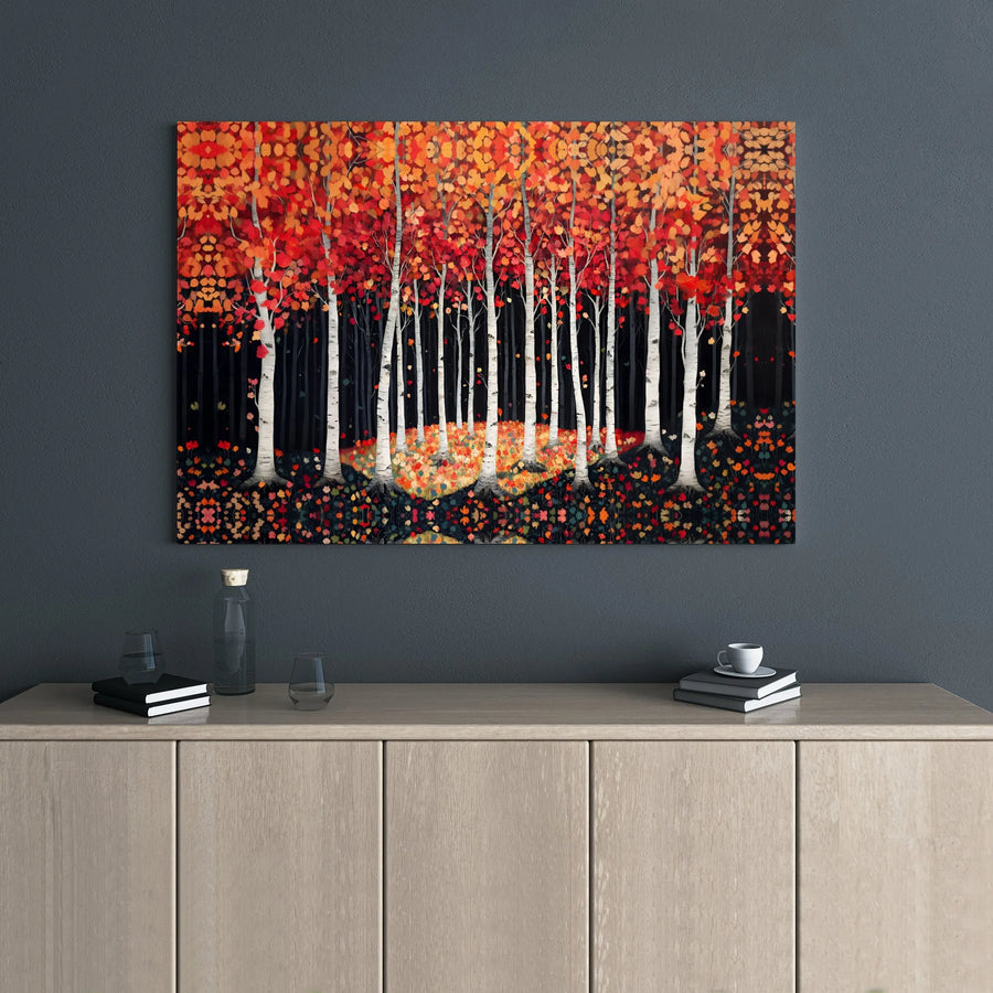Autumn Birch Tree Forest Canvas | Vibrant Red and Orange Fall Landscape | Premium Gallery-Wrapped Wall Art | Modern Home and Office Decor