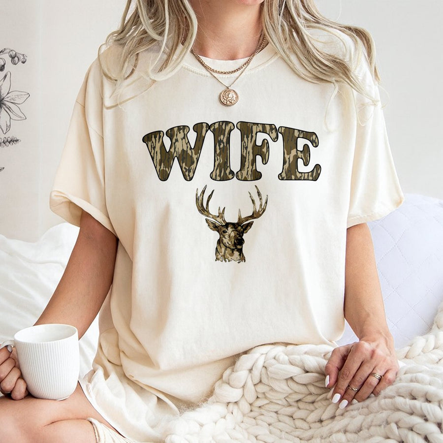 Wife Hunting T-Shirt | Camo Deer Antler Graphic Design | 100% Cotton Premium Tee | Outdoorsy Gift for Deer Hunter Wife and Hunting Season