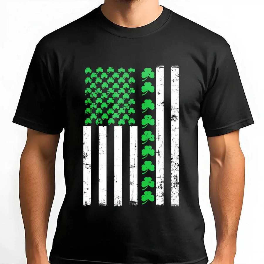 St. Patrick's Day American Flag T-Shirt | Shamrock Distressed Graphic Tee | 100% Cotton Premium Quality | Irish American Gift for Men and Women