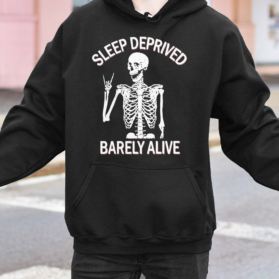 Sleep Deprived Barely Alive Hoodie | Skeleton Rock Hand Graphic | Soft Cotton-Polyester Blend | Funny Sarcastic Gift for Tired Students and Moms