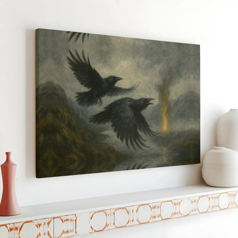 Raven Wall Art Canvas | Moody Gothic Mountain Landscape Print | Premium 1.25" Gallery Wrap | Dark Academia Home Decor Gift For Nature Lovers