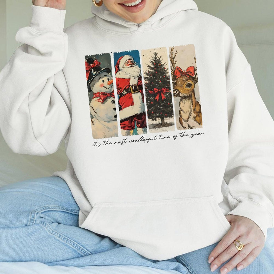 Vintage Christmas Hoodie | Retro Santa Reindeer & Snowman Graphic | Premium Cotton Blend | Holiday Coquette Bow Gift for Women & Men
