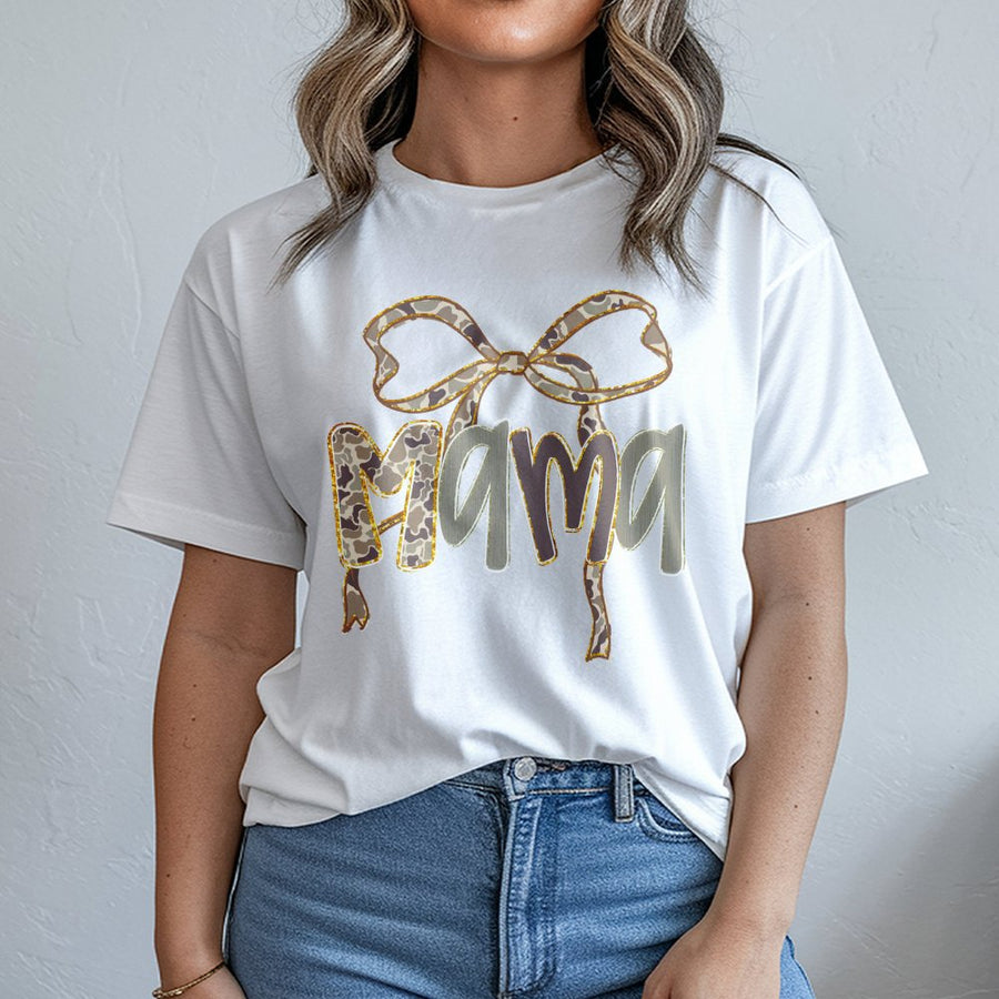 Mama Camo Bow T-Shirt | Trendy Leopard Print Hunting Design | Premium 100% Cotton | Perfect Gift for Outdoorsy Moms and Hunting Wives