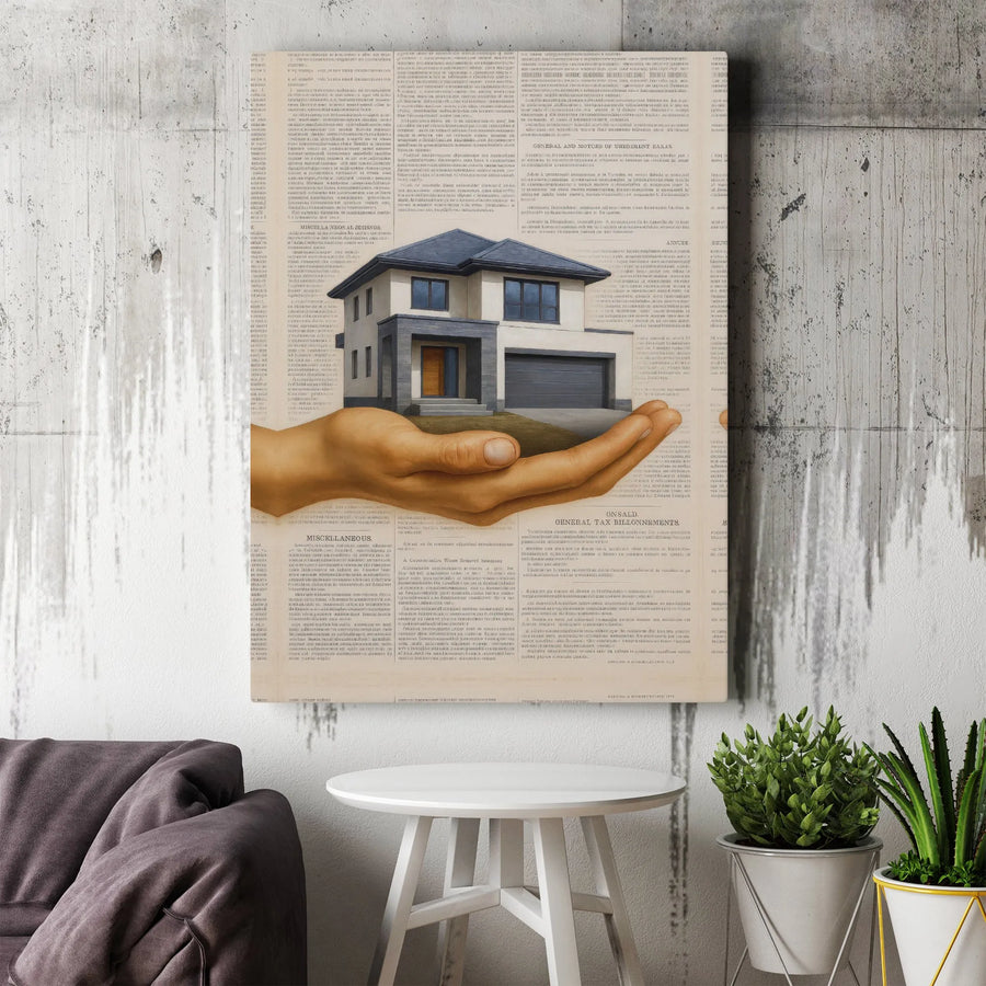 Real Estate Canvas Print | Surreal House in Hand Art on Newspaper Background | Premium Gallery Wrapped Canvas | Gift for Realtor Office Decor