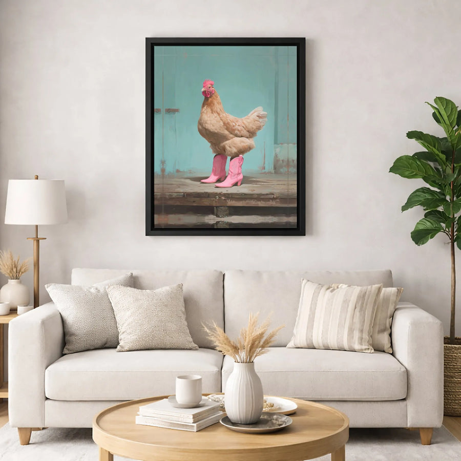 Chicken In Pink Cowboy Boots Canvas Print | Whimsical Farmhouse Wall Art | Gallery Quality Premium Canvas | Funny Country Decor Gift for Her