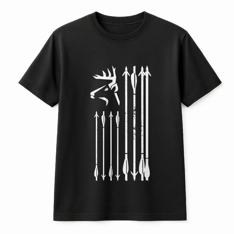 Hunting Arrow Flag T-Shirt | Distressed Deer Antler American Flag Graphic | Premium Cotton Unisex Apparel | Perfect Gift for Hunters and Outdoorsmen