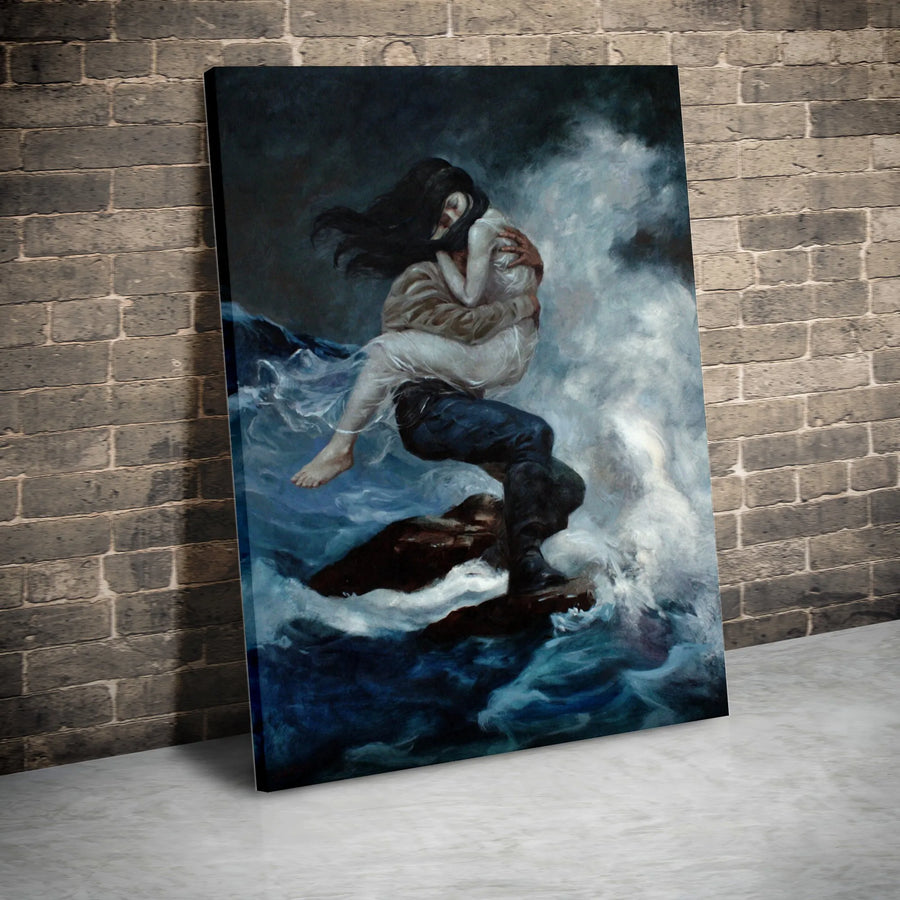 Romantic Stormy Sea Canvas Print | Lovers Embrace in Ocean Waves Painting | Premium Gallery Wrapped Art | Gothic Home Decor Gift