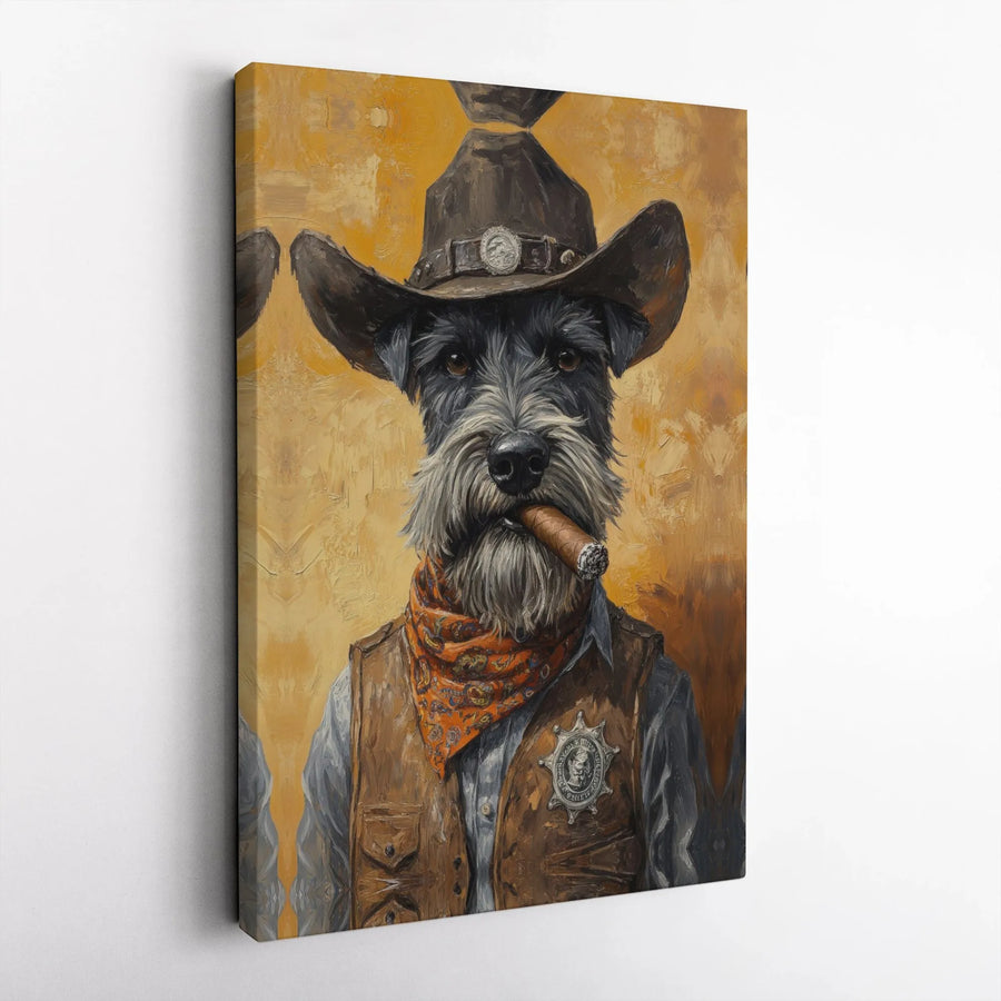 Schnauzer Cowboy Wall Art | Sheriff Dog Smoking Cigar Print | Premium Gallery Wrap Canvas | Unique Western Home Office Decor Gift