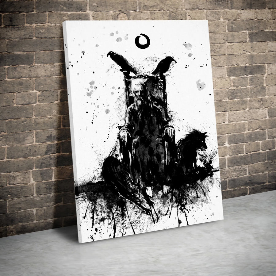 Odin Norse God Wall Art | Viking Raven and Wolf Ink Splatter Design | Premium Gallery-Wrapped Canvas | Mythology Decor Gift for Men
