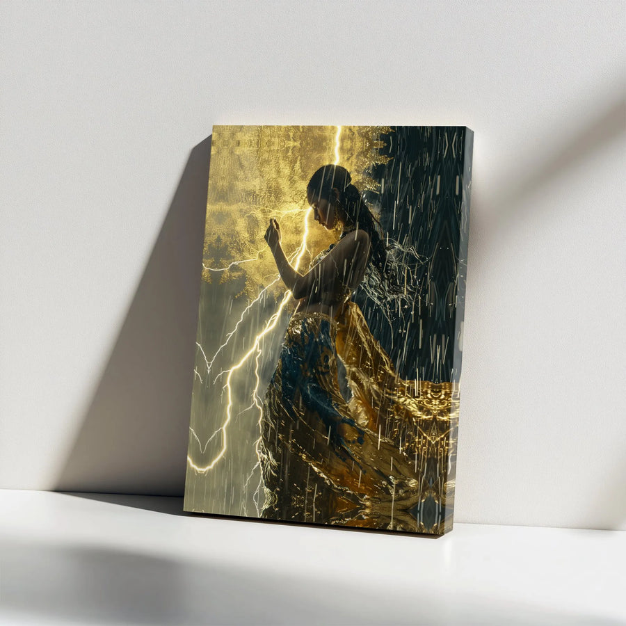 Goddess of the Storm Canvas Wall Art | Mythical Fantasy Portrait with Golden Lightning | Premium High-Resolution Print | Collector's Gift for Fantasy Art Fans