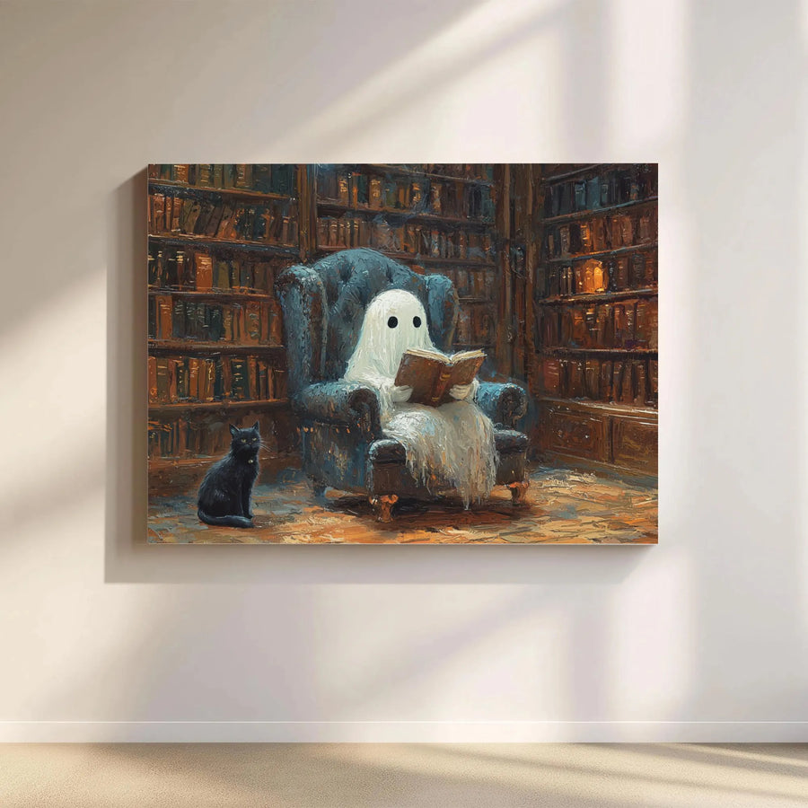 Ghost Reading Book Library Wall Art | Dark Academia Aesthetic Print | Premium Gallery Wrapped Canvas | Whimsical Home Decor Gift