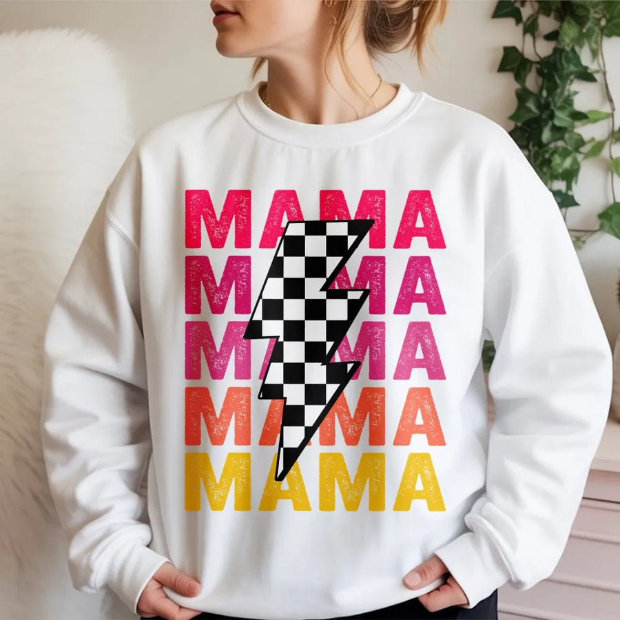 Mama Sweatshirt | Retro Checkered Lightning Bolt Graphic | Premium Cotton Blend | Trendy Mommy Gift for Mother's Day 2026