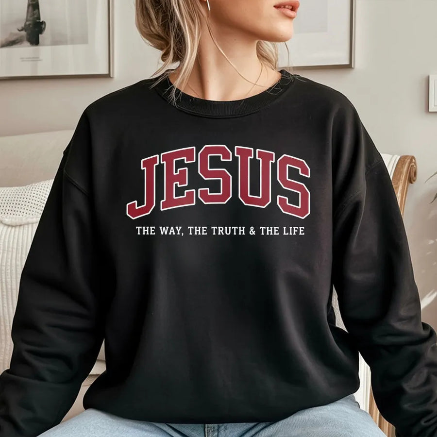 Jesus Sweatshirt | Collegiate Style 'The Way The Truth The Life' | Premium Cotton-Blend | Christian Faith Apparel Gift