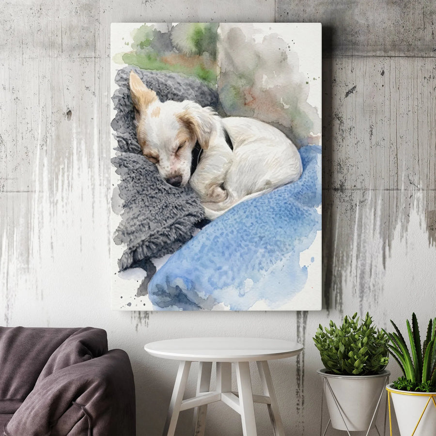 Sleeping Puppy Canvas Print | Watercolor Dog Wall Art | Premium Gallery Wrap 1.25" Frame | Cute Nursery Decor Gift for Dog Lovers