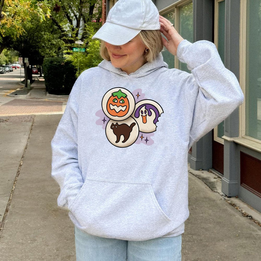 Halloween Cookies Hoodie | Spooky Pumpkin Ghost Black Cat Graphic | Premium Cotton Blend Sweatshirt | Cute Fall Aesthetic Gift for Her