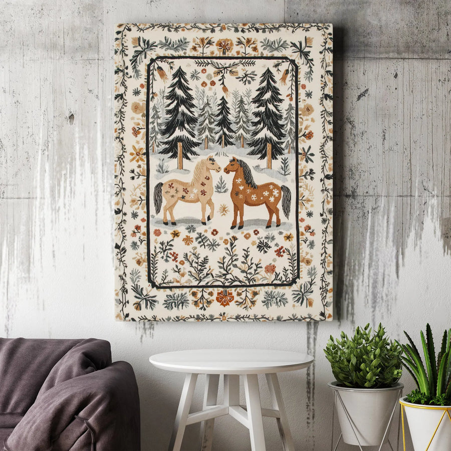 Folk Art Horse Canvas Wall Art | Snowy Winter Forest Floral Design | Gallery Wrapped Premium Print | Farmhouse Home Decor Gift