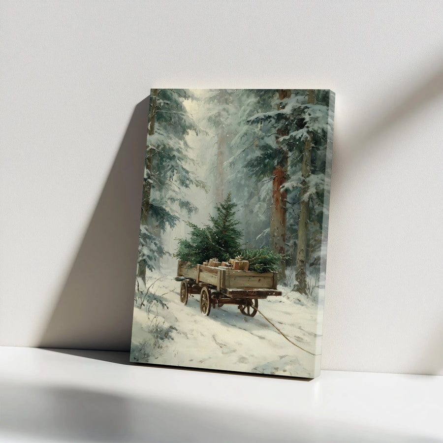 Vintage Christmas Vertical Canvas | Snowy Forest Scene with Tree Cart | Premium High-Resolution Print | Rustic Holiday Home Decor Gift