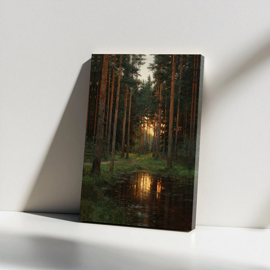 Forest Sunset Canvas Wall Art | Vintage Woodland Scene with Lake Reflection | Premium Fade-Resistant Print | Rustic Home Decor Gift