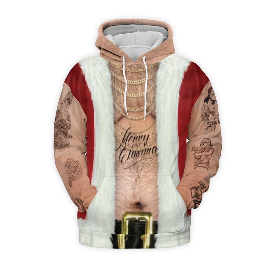 Tattooed Santa 3D Hoodie | Hairy Chest Gold Chain Ugly Christmas Sweatshirt | Soft Brushed Fleece Premium Pullover | Funny Holiday Party Gift For Men Women