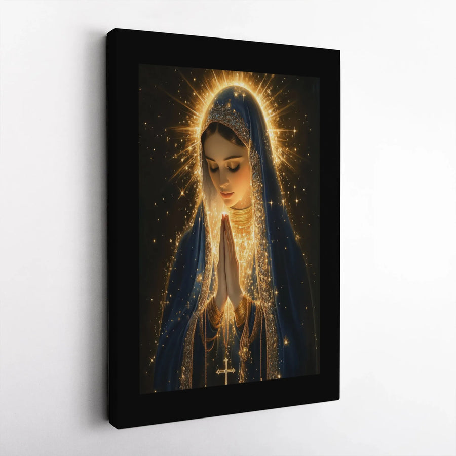 Virgin Mary Canvas Wall Art | Glowing Halo Religious Painting | Premium Gallery Wrap | Spiritual Home Decor Gift for Believers
